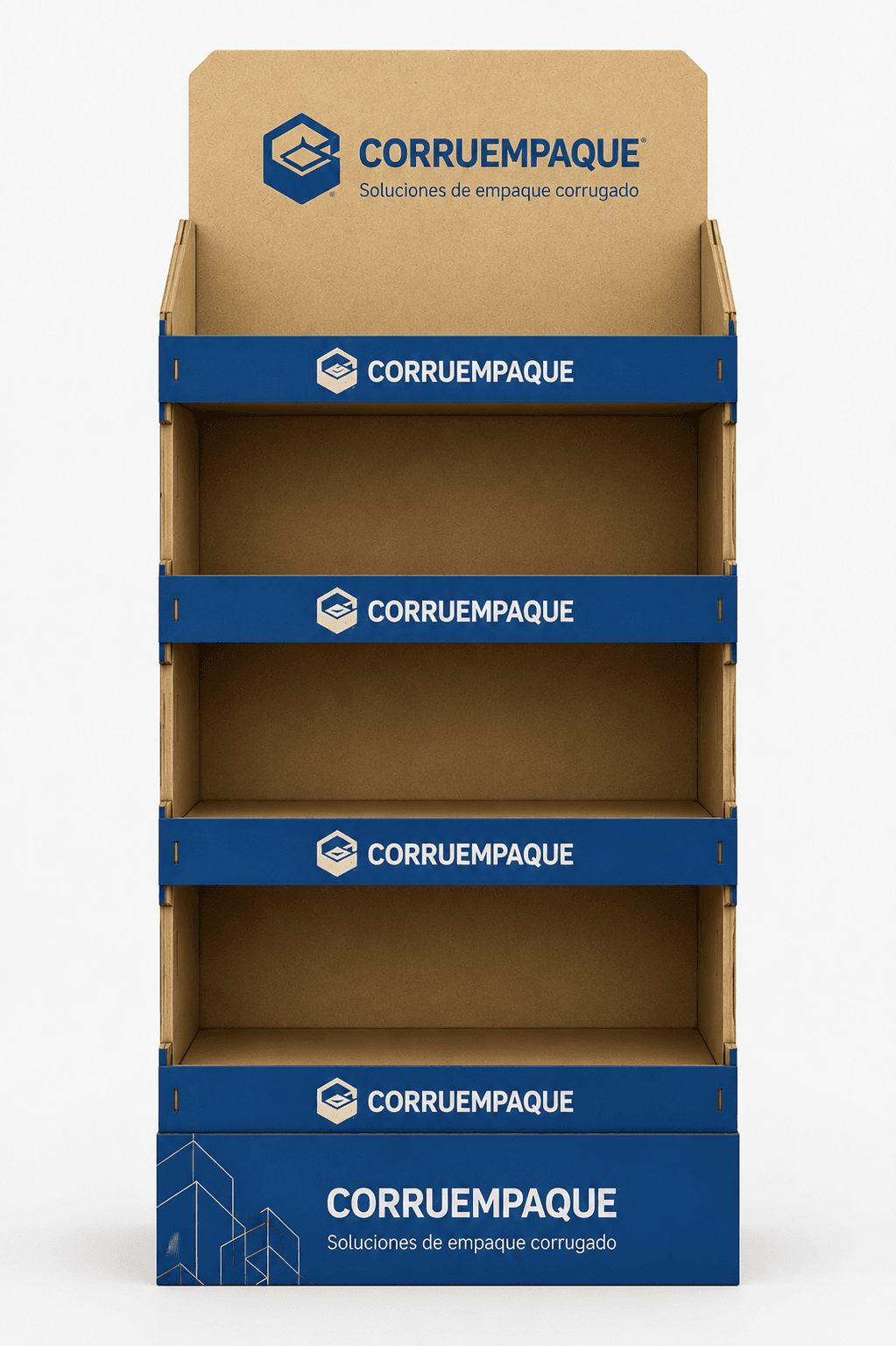 Cabecera de pasillo de cuatro niveles en cartón corrugado kraft, con la gráfica de Corruempaque impresa en azul